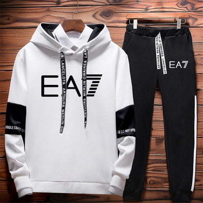 Hoodie and parts set with EA7 branding on the background