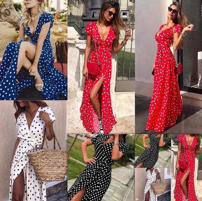 Collage of women wearing polka dot dresses in various colors and styles.