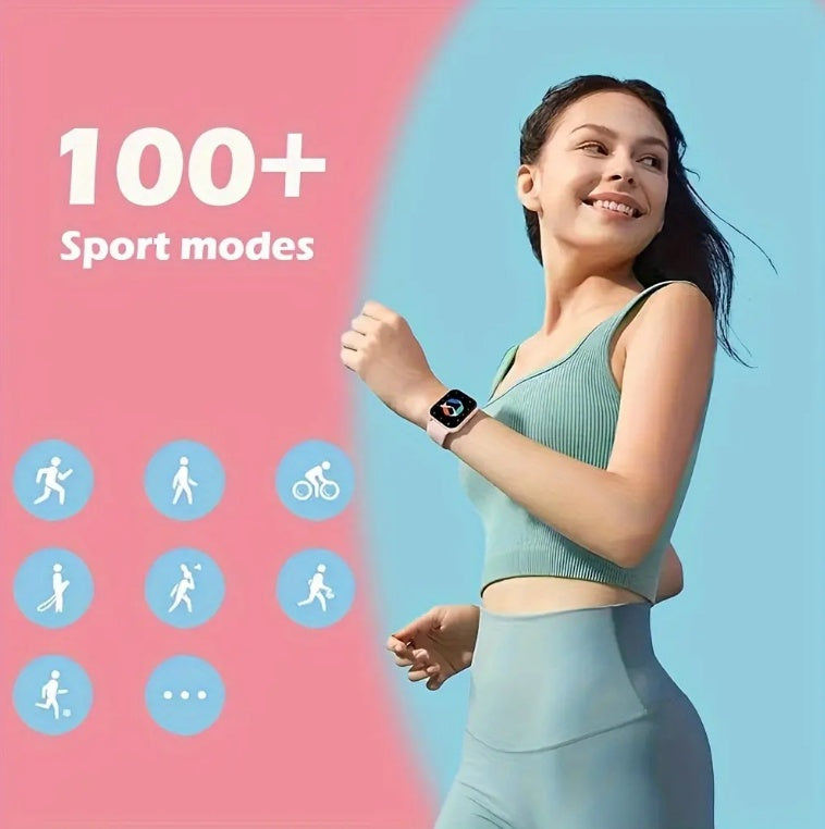 Woman wearing a smartwatch with '100+ Sport modes' text and icons on a pink and blue background