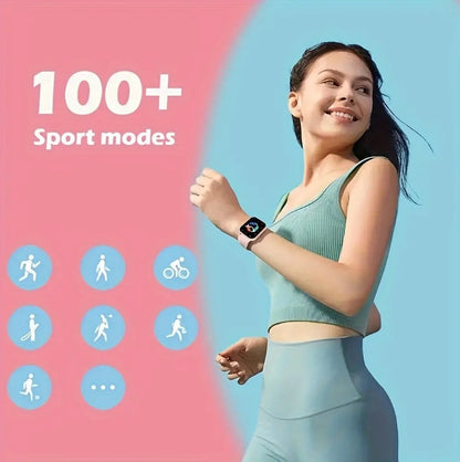 Woman wearing a smartwatch with '100+ Sport modes' text and icons on a pink and blue background