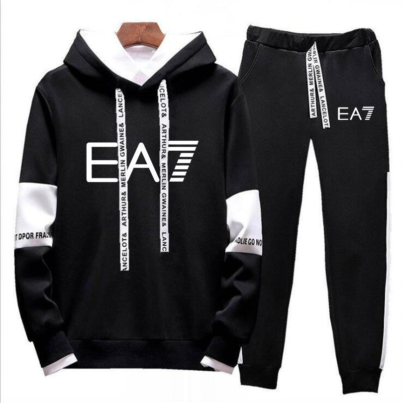 Hoodie and parts set with EA7 branding on the background