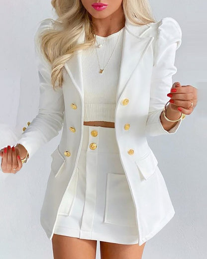Fashion Solid Color Casual Suits Women's - Woman in white coat and skirt suit outfit, highlighting stylish details.