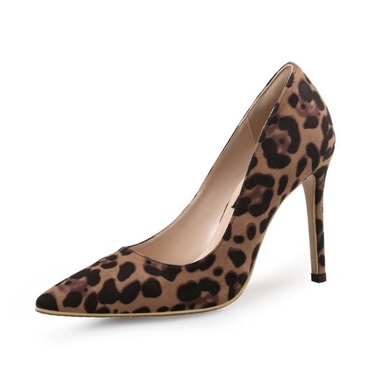Leopard print high heel shoe on a white background