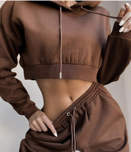 Brown hoodie and sweatpants set on a neutral background