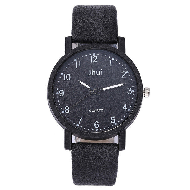 Black wristwatch with 'Jhui' branding on a white background
