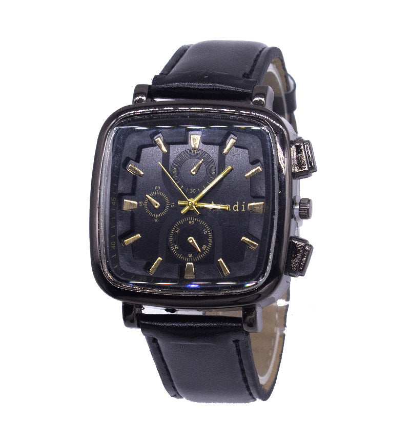 Black wristwatch with a square face on a white background