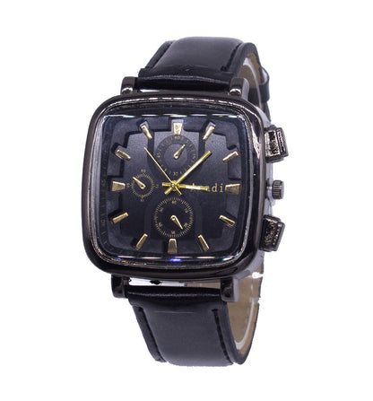 Black wristwatch with a square face on a white background