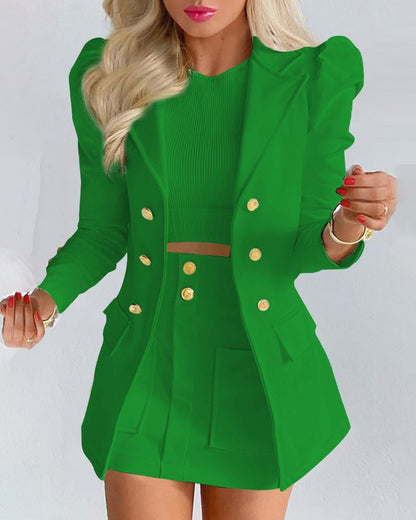 Fashion Solid Color Casual Suits Women's: Woman in green coat and skirt suit, showcasing stylish casual fashion.