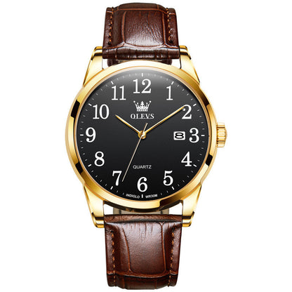 Wristwatch with brown leather strap and gold case on a white background