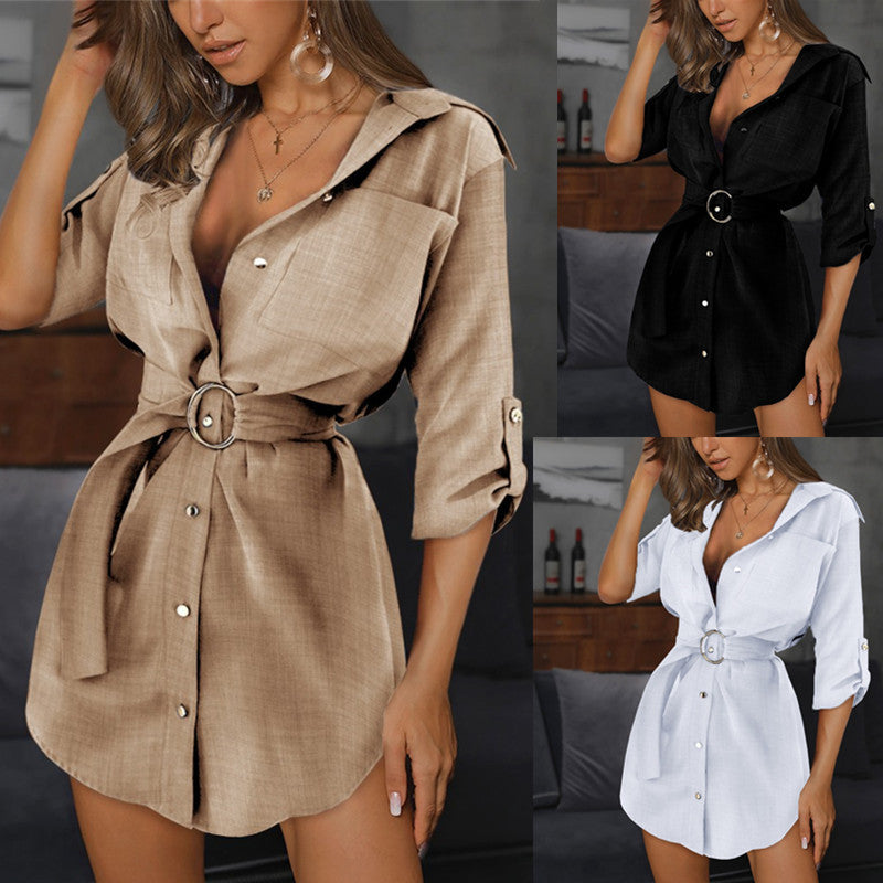 Collage of three shirt dresses in beige, black, and white.