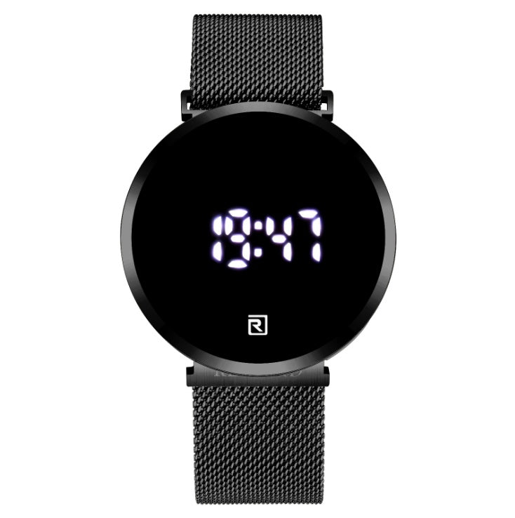 Black digital watch with mesh band on a white background