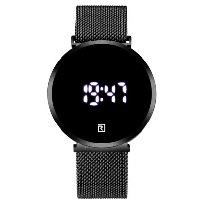 Black digital watch with mesh band on a white background