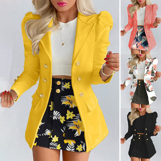 Fashion Solid Color Casual Suits Women's, showcasing a woman in a stylish yellow coat and skirt outfit.