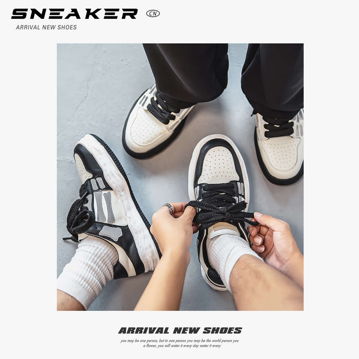 Person tying shoelaces of black and white sneakers on a light gray background with 'SNEAKER' branding.