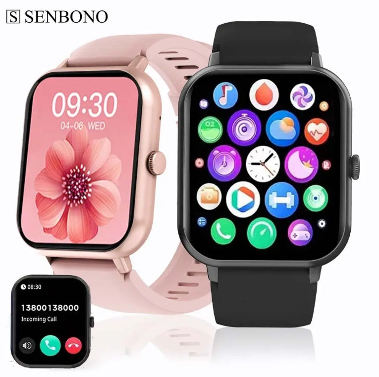 Smartwatch with different display screens on a white background, featuring the SENBONO brand.