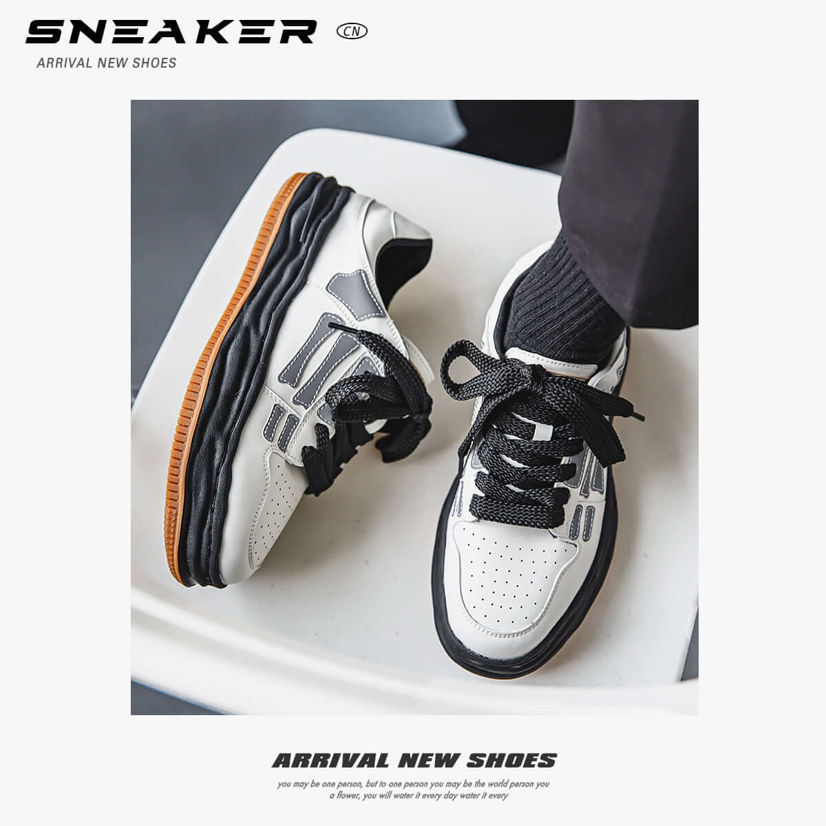 White sneakers with black and orange accents on a white surface, with 'SNEAKER' branding above.