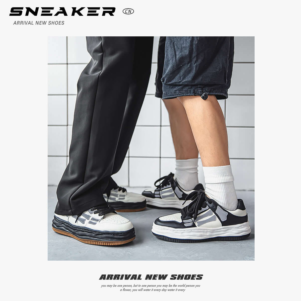 Two pairs of feet wearing black and white sneakers on a tiled floor with 'SNEAKER' branding.