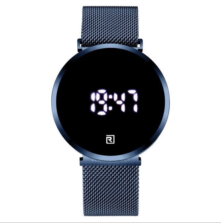 Digital watch with a black mesh band on a white background
