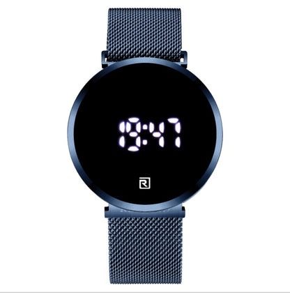 Digital watch with a black mesh band on a white background
