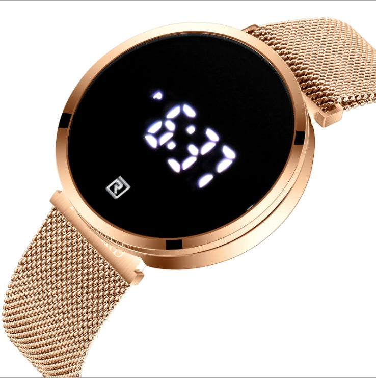Rose gold smartwatch with digital display on a white background
