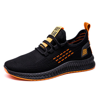 Black and orange sneaker with visible branding on a white background