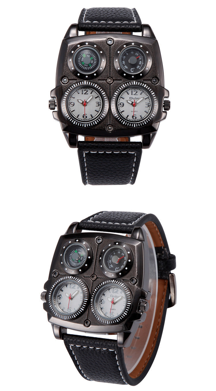 Two views of a unique watch with multiple clock faces on a white background