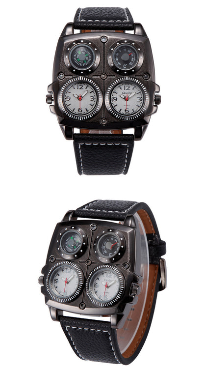 Two views of a unique watch with multiple clock faces on a white background