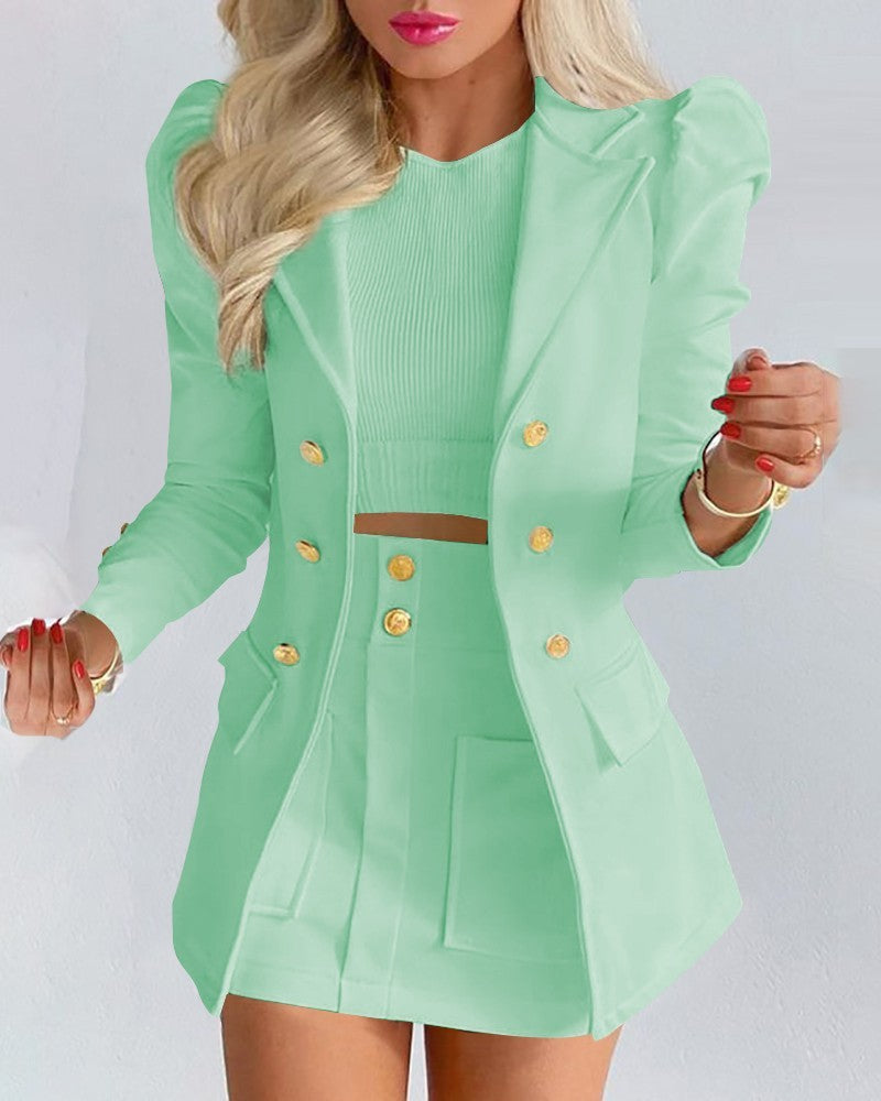 Woman wearing a mint green coat in a Fashion Solid Color Casual Suits Women's outfit, showcasing a chic and stylish look.