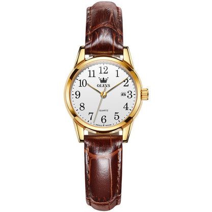 Watch with brown leather strap and gold case on white background