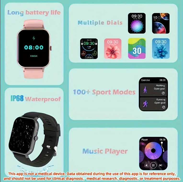 Smartwatch with features highlighted on a colorful background