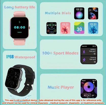 Smartwatch with features highlighted on a colorful background