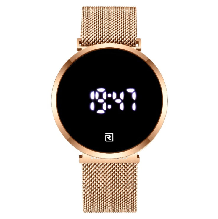 Digital watch with a rose gold mesh band on a white background