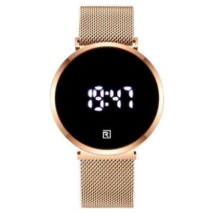 Digital watch with a rose gold mesh band on a white background