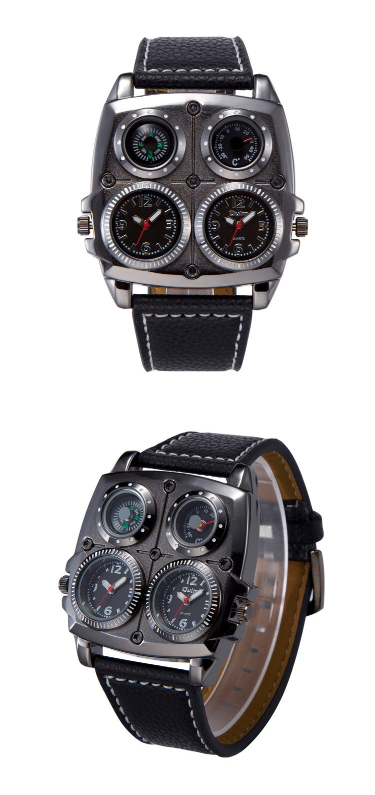 Two views of a unique watch with a black leather strap on a white background