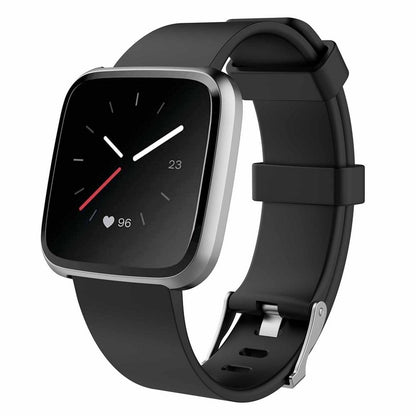 Black smartwatch with a black band on a white background