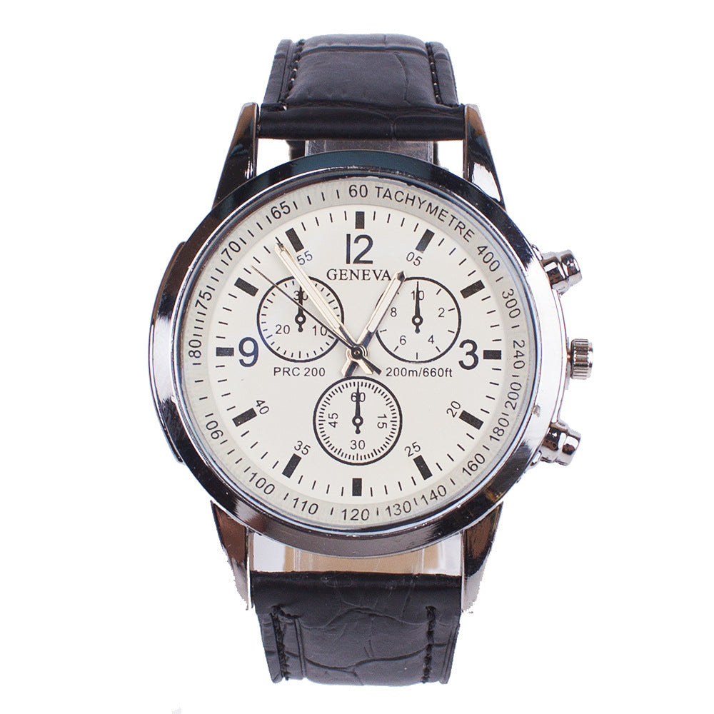 Wristwatch with black leather strap and white dial on a white background