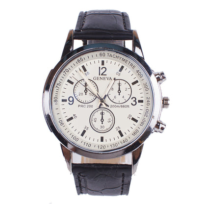 Wristwatch with black leather strap and white dial on a white background