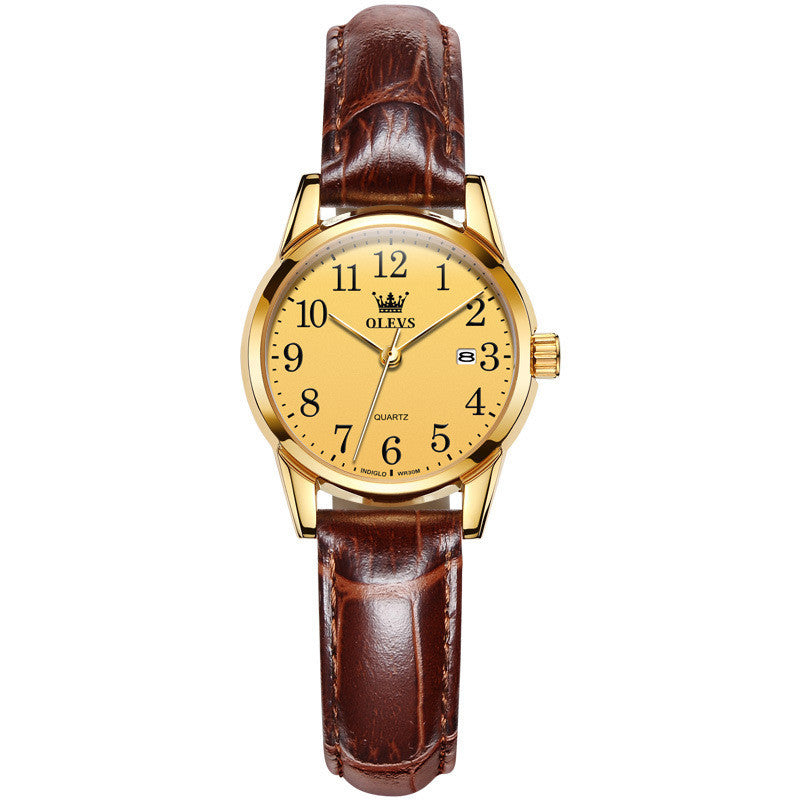 Gold watch with a brown leather strap on a white background