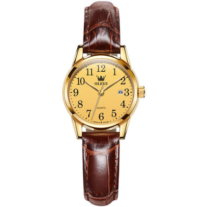 Gold watch with a brown leather strap on a white background