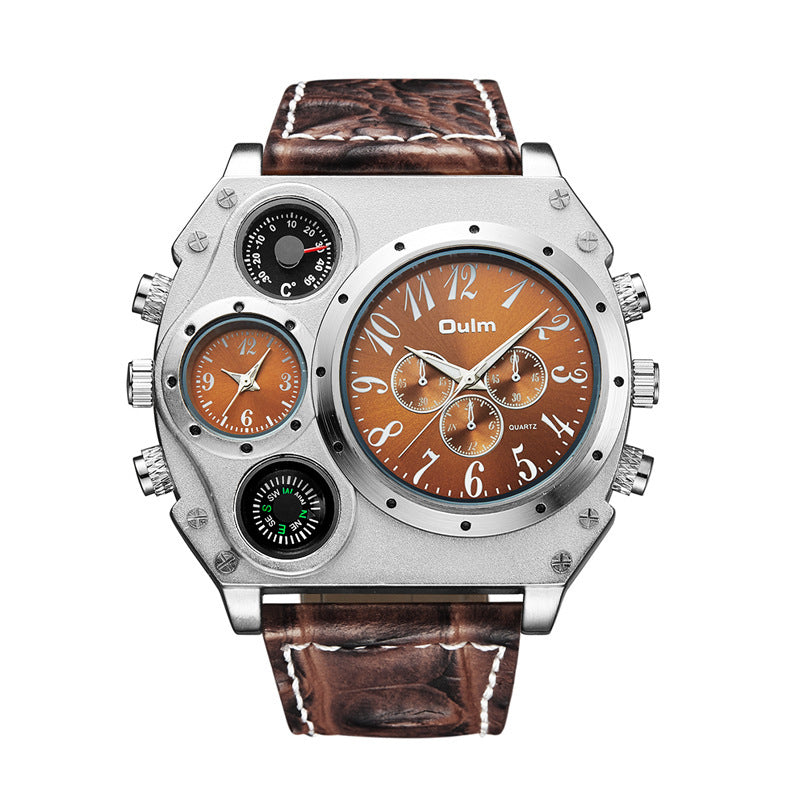 Wristwatch with brown leather strap and multiple dials on a white background