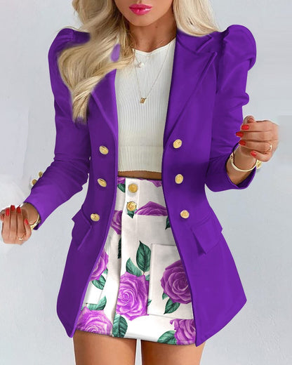 Woman wearing a purple coat with a floral skirt, showcasing Fashion Solid Color Casual Suits Women's.