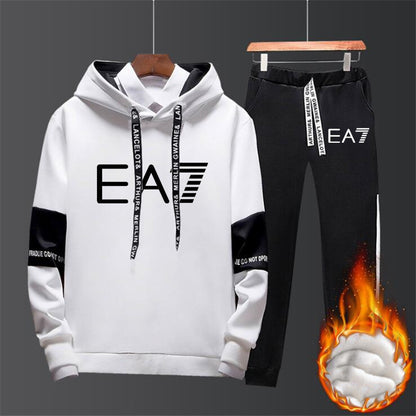 Hoodie and parts set with EA7 branding on the background