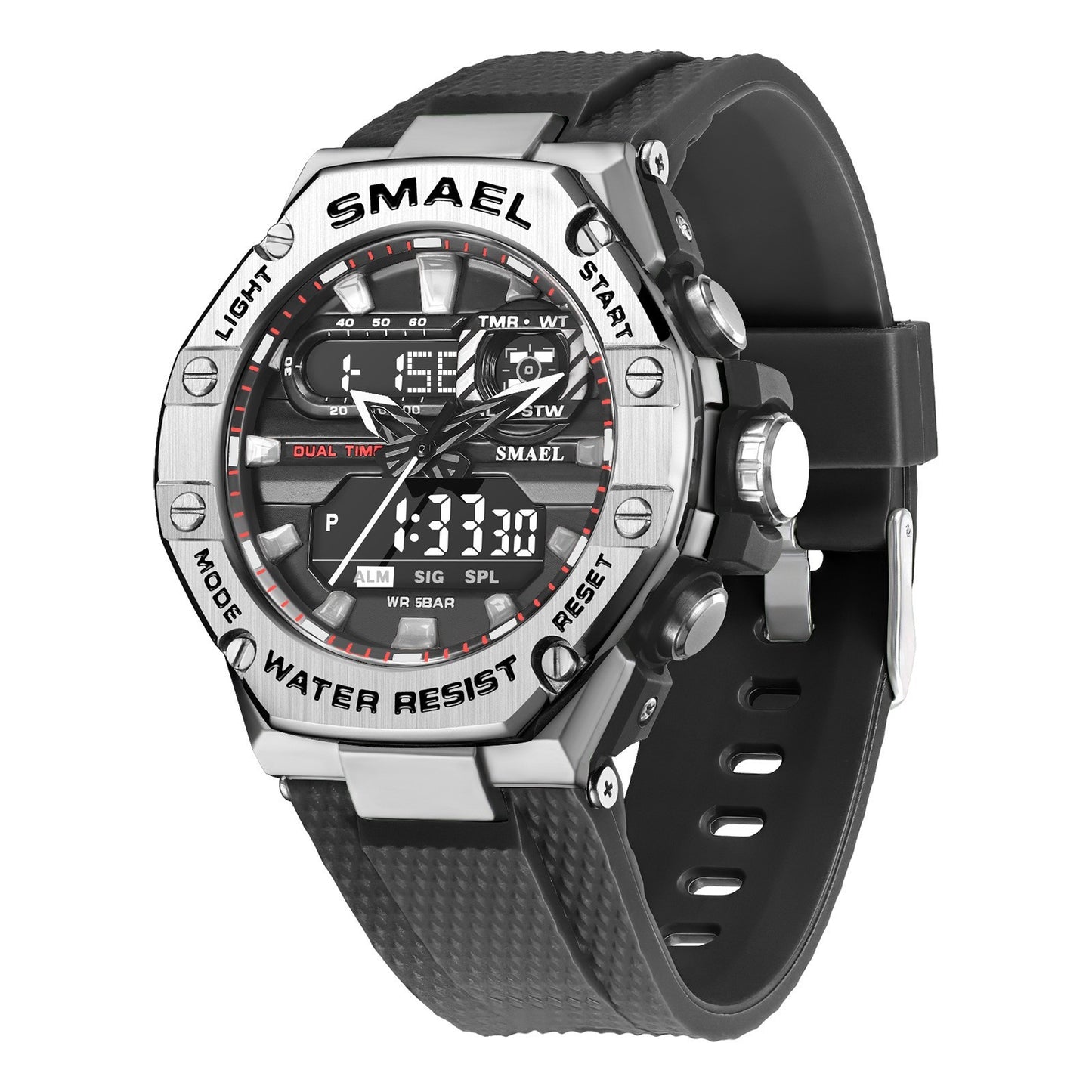 SMAEL watch with black strap and silver case on a white background