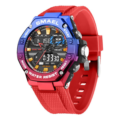 Red wristwatch with a colorful face on a white background