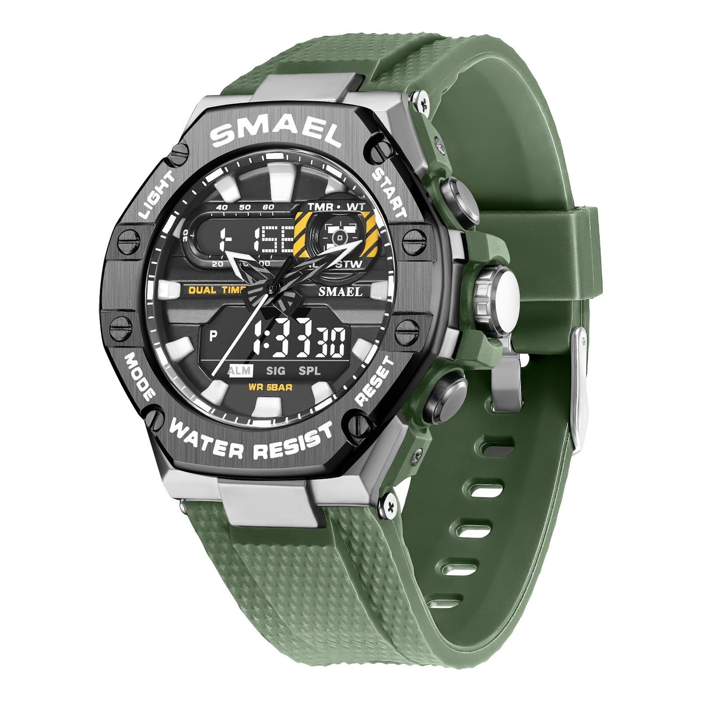 Green wristwatch with digital and analog display on a white background