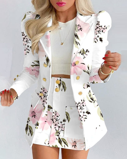 Woman wearing Fashion Solid Color Casual Suits Women's coat with floral print and matching skirt.