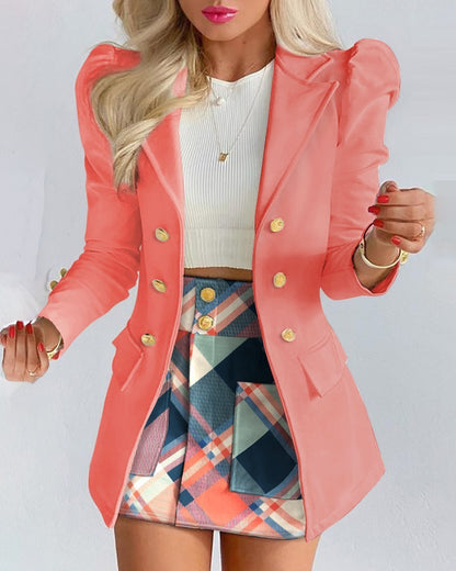Fashion Solid Color Casual Suits Women's - Woman wearing a pink coat with a stylish checkered skirt.