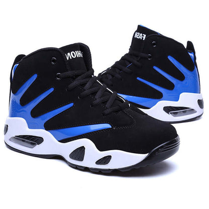 Black and blue high-top sneakers on a white background
