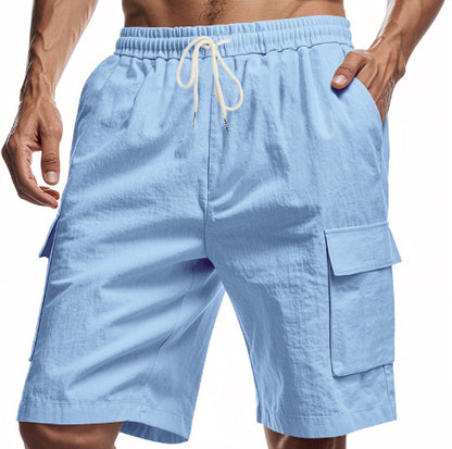 Light blue shorts with a drawstring on a white background