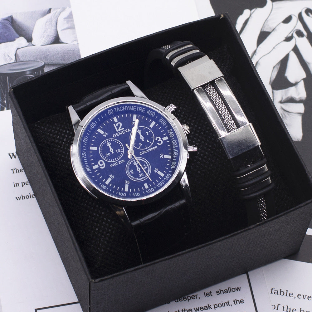 Wristwatch with blue face and black strap in a box